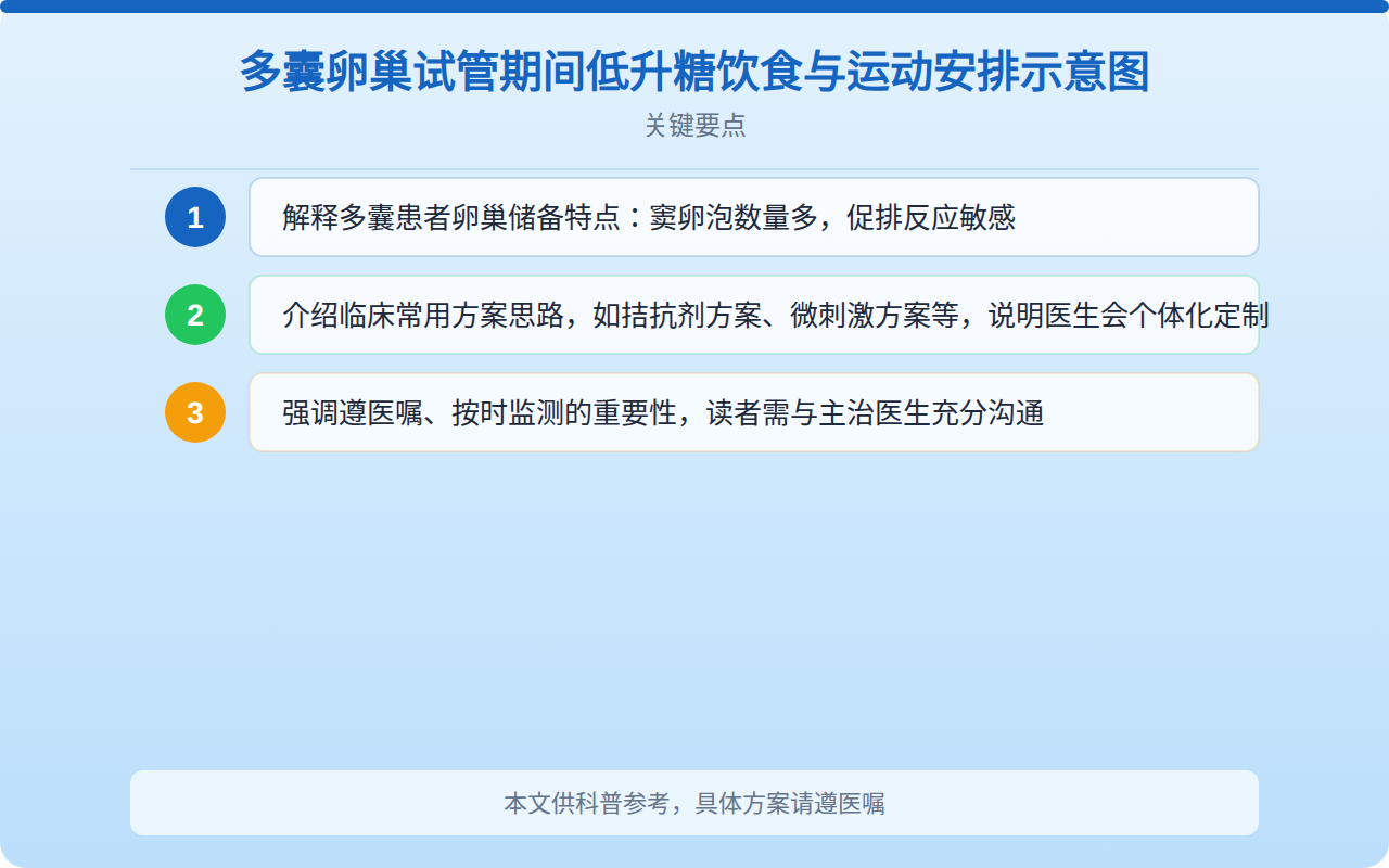 多囊卵巢试管期间低升糖饮食与运动安排示意图