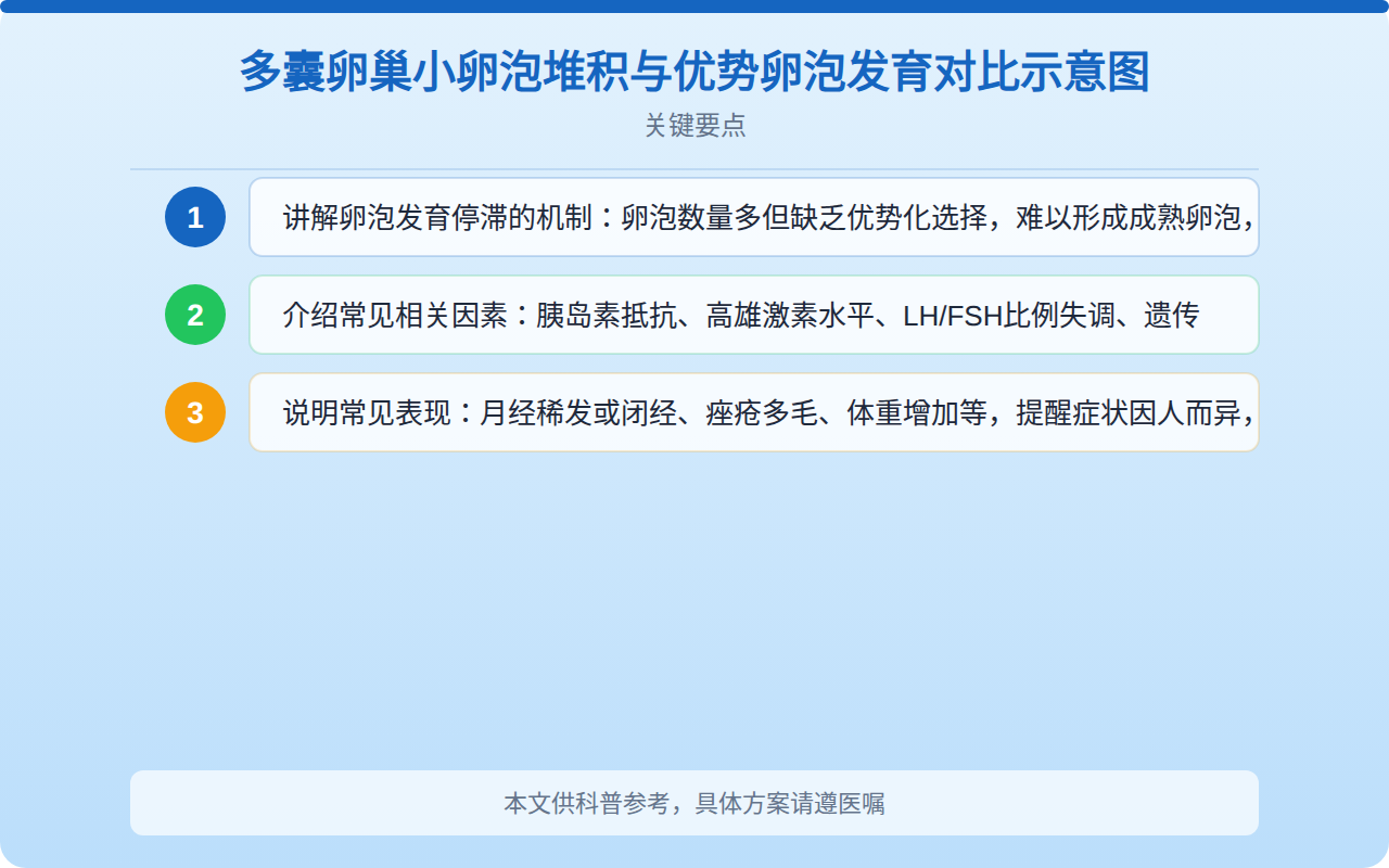 多囊卵巢小卵泡堆积与优势卵泡发育对比示意图
