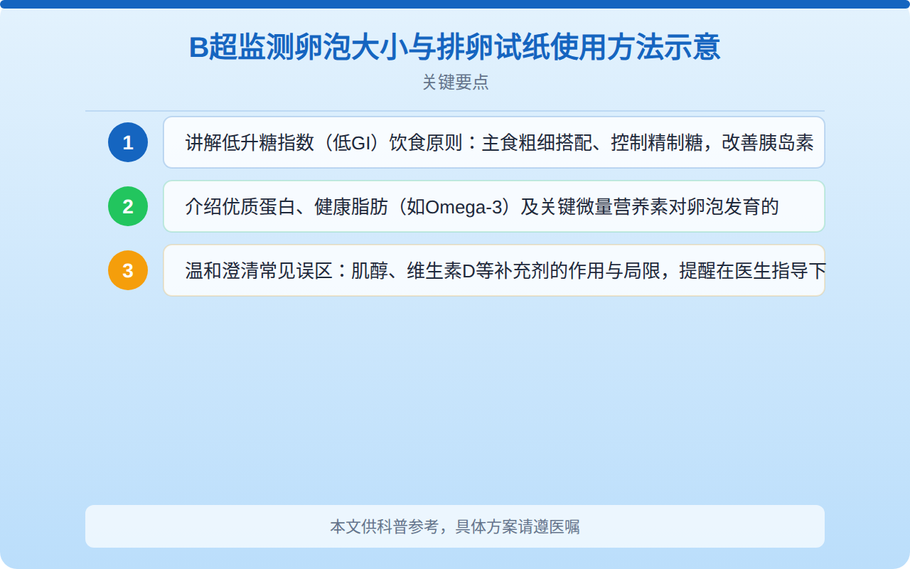 B超监测卵泡大小与排卵试纸使用方法示意
