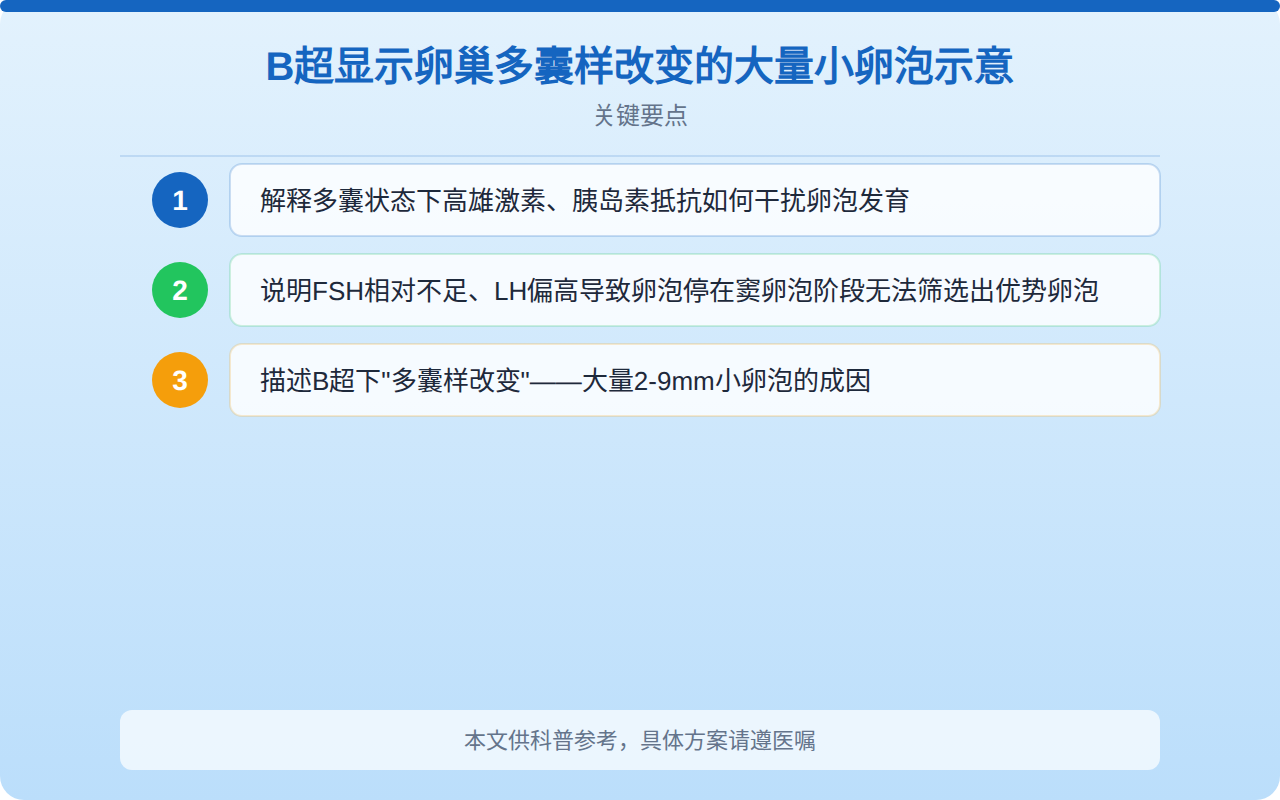 B超显示卵巢多囊样改变的大量小卵泡示意